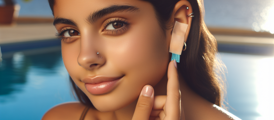 Person applying waterproof bandage over fresh ear piercing